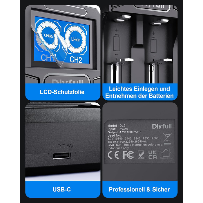 Зарядний пристрій Dlyfull 18650 Universal LCD для Li-ion акумуляторів 3.7V (18650, 21700, 26650, 22650, 16340), USB-C, 2 слоти