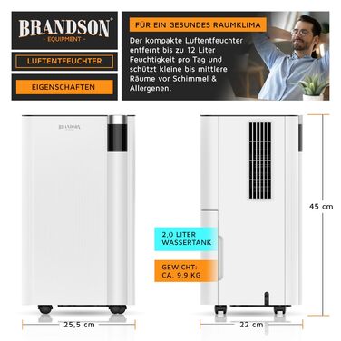 Електричний осушувач повітря Brandson з компресором, 12 літрів, Wi-Fi, з додатком, таймер, відвід води через шланг, захист від замерзання, білий