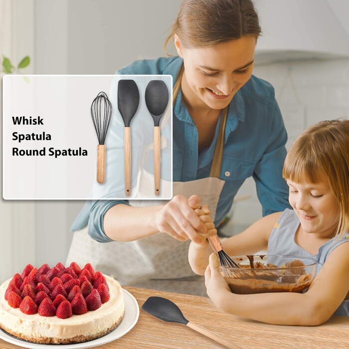 Набір кухонних аксесуарів KagoLing: 13 предметів з силікону з дерев'яними ручками (сірий)