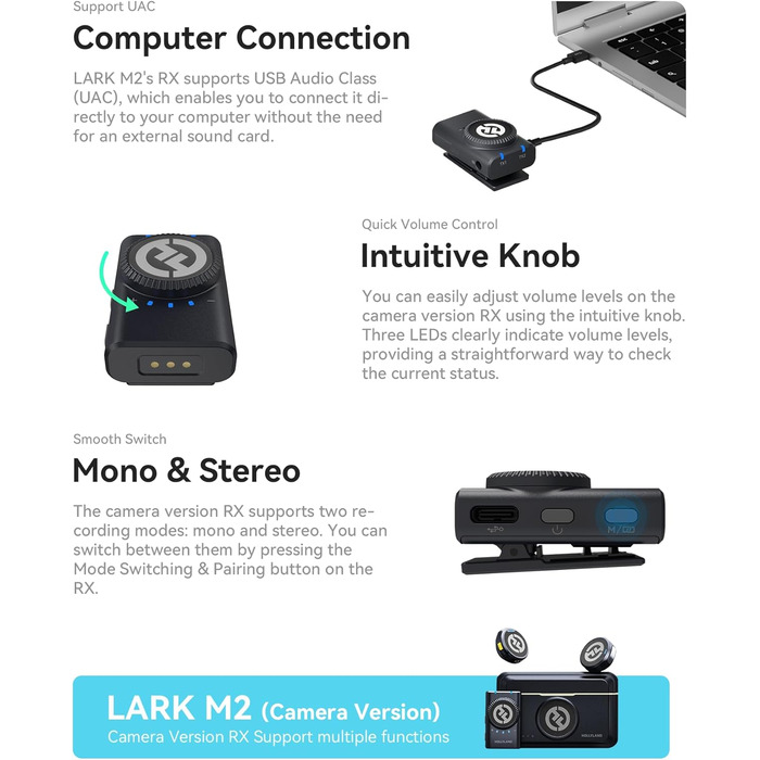 Hollyland Lark M2 Бездротовий петличний мікрофон для iPhone 17/16/15 та Android, 300м радіус дії, Hi-Fi звук, 30 год роботи від акумулятора (версія для камери)