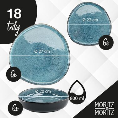 Moritz & Moritz ORGANIC Набір посуду 18 предметів на 6 осіб, блакитний - Елегантний набір тарілок з якізного порцелянового каменю. Включає: 6 великих тарілок, 6 десертних тарілок, 6 супових тарілок.