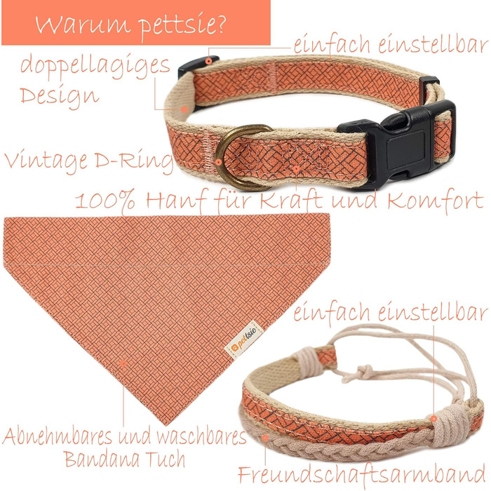 Нашийник для собак Pettsie з банданою та браслетом дружби, регульовані розміри S, M, L, знімний бандана, приваблива упаковка, для любителів собак, зелений (S 25,4-39,4cm, помаранчевий)
