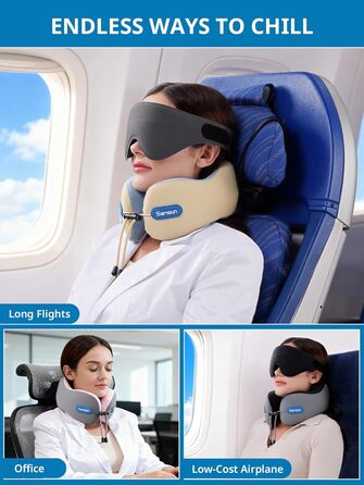 Подушка для шиї в літак Travel Pillow для авіаперельотів, подушка для шиї з ременем та 3D-маскою для сну, Memory Foam для тривалих подорожей літаком та автомобілем (сіро-рожевий)
