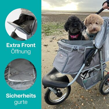 Візок для собак Innopet Comfort Air Eco чорного/срібного кольору – візок для собак/кішок з 30см повітряними колесами, складаний, для лісових стежок, з світловідбиваючими смугами, органайзером, з переробленого нейлону (сірий)