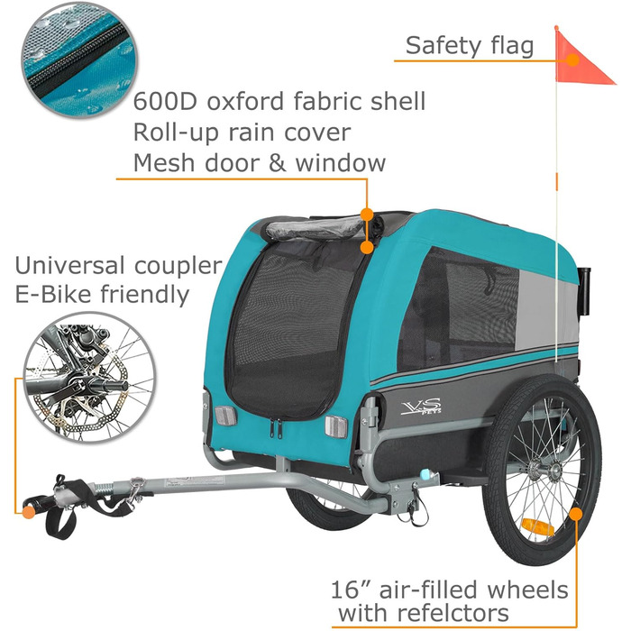 Універсальний візок-перевозник для собак Tiggo VS Pets Medium: велосипедний, буксирний, для джогінгу, блакитний