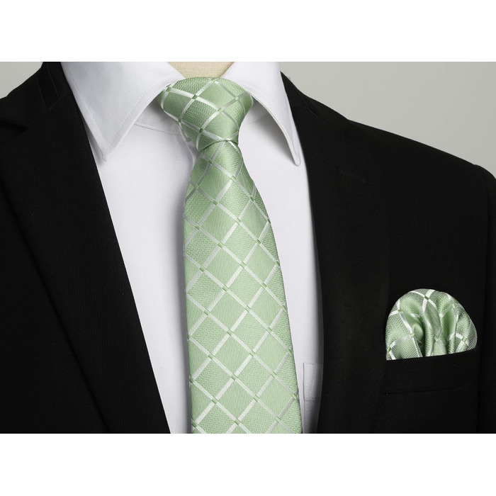 HISDERN Комплект краватки та кишенькового хустинки в клітинку для чоловіків (світло-зелений)