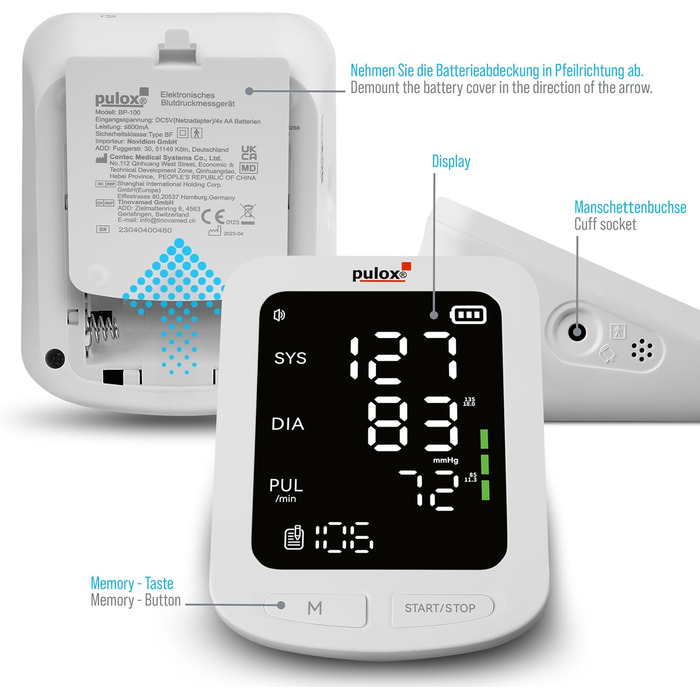Pulox BP-100 Тонометр на плече з 2 манжетами - автоматичний вимірювач артеріального тиску з пам'яттю для 199 показників