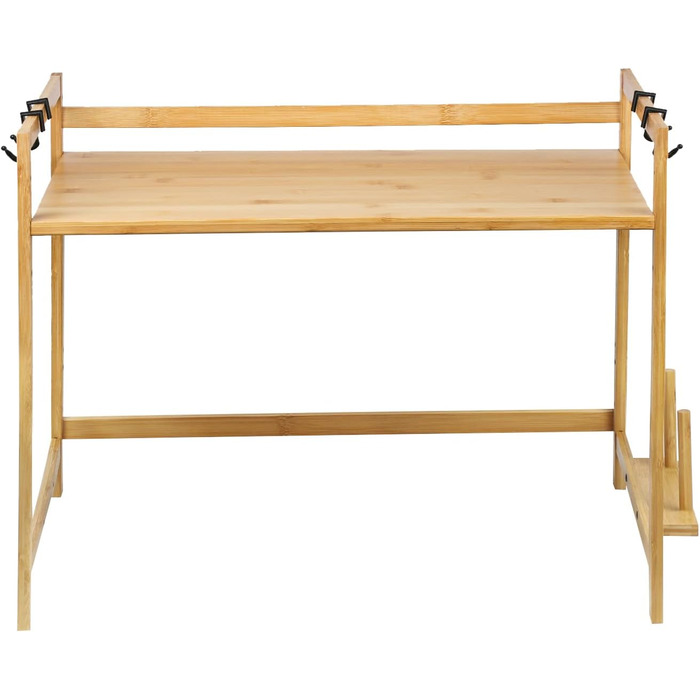 Поличка для мікрохвильової печі 3-рівнева, органайзер з гачками, розширювана, висувна (40-64см), з вуглецевої сталі (2 яруси, бамбук, 55x35x42см)