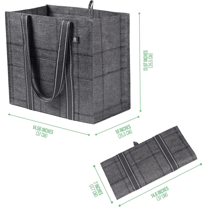 VENO 34 Liter Large Shopping Bag Foldable with Sturdy Bottom and Front Pocket, Reusable Shopping Bags Water-Resistant Shopping Basket for Shopping Picnic (Black Windowpane, 4-Pack)