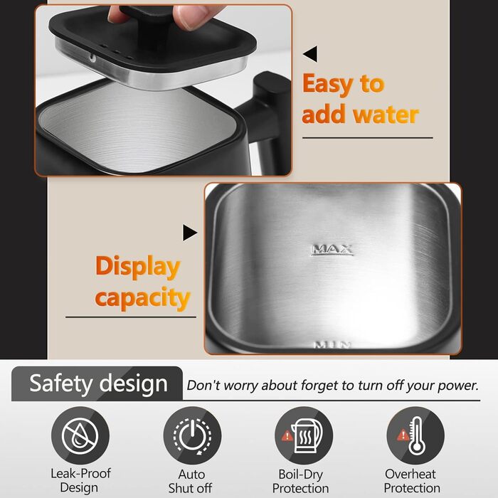 Fityou Electric Gooseneck Kettle - Temperature Control, 1200W, 1L Capacity, Fast Boiling, LED Digital Display, Celsius/Fahrenheit Conversion, for Specialty Coffee & Tea, Matte Black