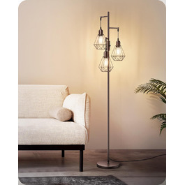 LED торшер Edishine для вітальні, 3 лампи, ретро стиль, диммування, 4W E27, регулювання поворотною ручкою, індустріальний дизайн, металевий абажур-сітка, 2700K, висота 166 см, колір: коричневий