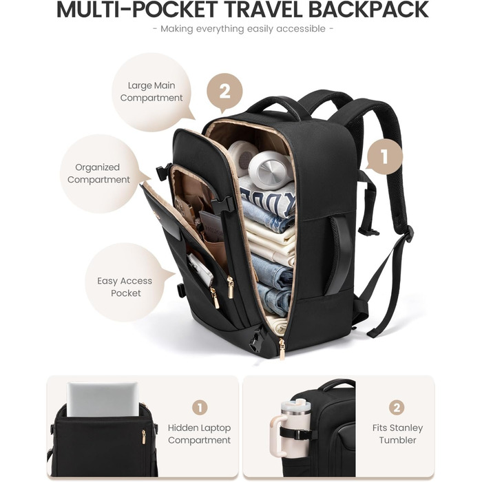 Чорний жіночий рюкзак OVEVOOK для подорожей та ділових поїздок, 40л, з відділенням для ноутбука, водонепроникний