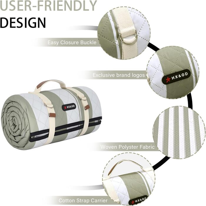 Плед для пікніка HX&OD водонепроникний, 203x203 см, складаний, з ручкою для перенесення, сіро-зелений