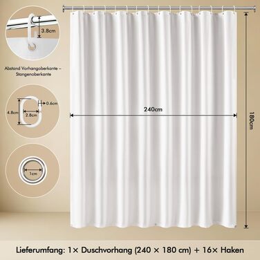Душова штора EurCross 180x240 см, водонепроникна текстильна завіса з TPU-ламінуванням, біла, з 12 кільцями та магнітними обважнювачами