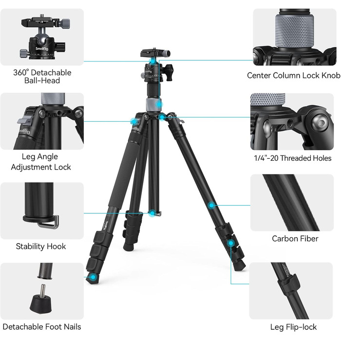 SMALLRIG штатив з вуглецевого волокна з центральною колоною, 360° кульова головка, знімний монопод, Quick Release Plate, вантажопідйомність 12 кг, 4059