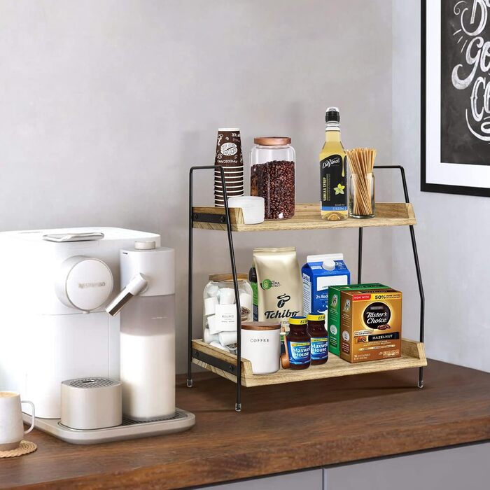 Coffee bar accessories and organizers, countertop, coffee station, organizer, kitchen counter, shelf, organizer, coffee spice storage, lid holder, countertop shelf for bathroom (Brown)
