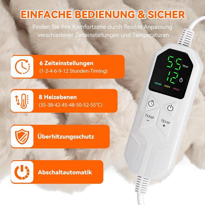 Електрична гріюча ковдра Warmfay з автоматичним вимкненням, 180 × 130 см, штучне хутро, теплий фліс, 8 режимів нагріву, таймер 1-12 годин, пральна, м'яка ковдра для ліжка та дивана - кольору абрикос