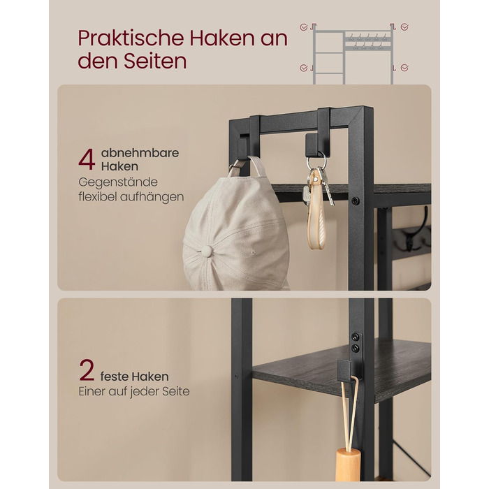 VASAGLE Coat Rack with Shoe Bench, Wardrobe, 5 Shelf Levels made of Particleboard, 9 Triple Hooks, 6 Side Hooks, 40 x 120 x 190 cm, Stone Grey-Ink Black HSR426B04