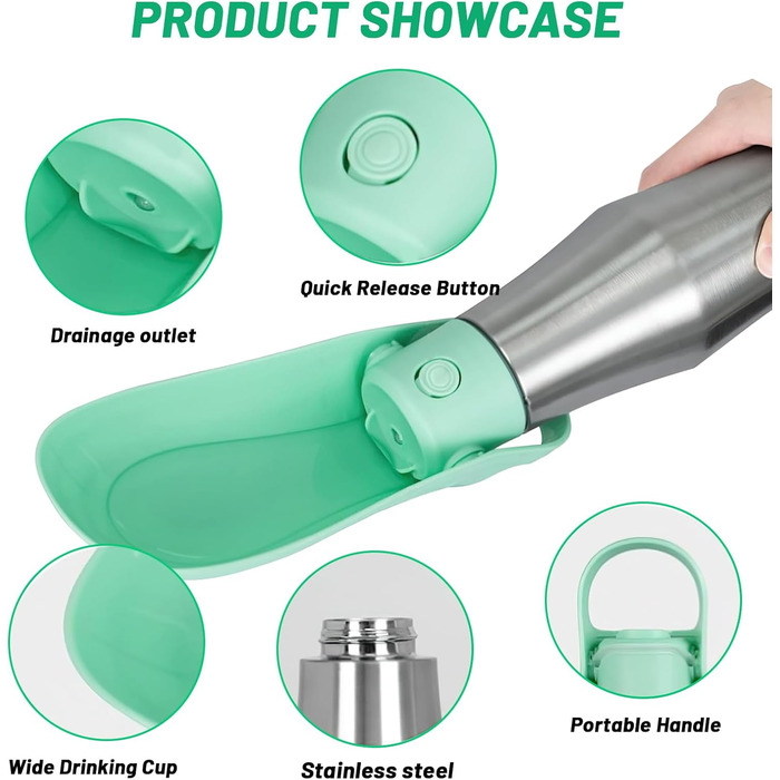 Водяна пляшка для собак ZoneYan 750 мл з нержавіючої сталі, портативна, витокозахисна, для подорожей, парків, кемпінгу, піших прогулянок (світло-зелена)