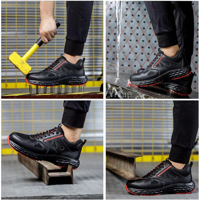 Черевики робочі ISOOUS для чоловіків та жінок. Безпекові черевики, легкі, з пластиковим носком, дихаючі, антиковзкі, модель снікерс, для кухні, спортивні, 48 EU, чорно-червоні