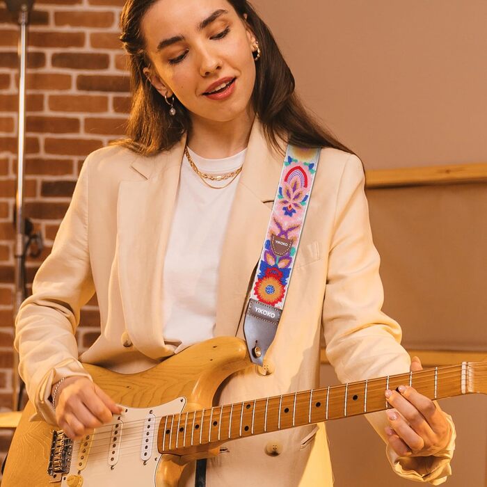 Гітарний ремінь 5,1 см з бавовни з шкіряними кінцями для бас-гітари, електрогітари та акустичної гітари (Квітка, кольорова 03)