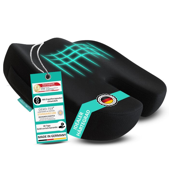 Ортопедична подушка для сидіння Goldschmieds® - для офісного крісла, авто та ін. - Знімає навантаження зі сідничної кістки, знеболює та покращує кровообіг. Made in Germany. Підходить для ваги 50-95 кг. Чорний пінополіуретан (Memory Foam)