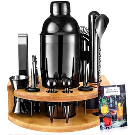 Набір для приготування коктейлів, 12 предметів, нержавіюча сталь, 750 мл, з дерев'яною підставкою та книгою рецептів
