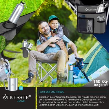 Крісло кемпінгове KESSER® складне до 150 кг, з підлокітниками, високою спинкою, сіре (антрацит/чорне) + тримач для напоїв