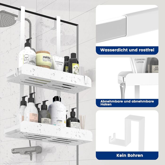 Поличка для душу MEIJO без свердління, органайзер для ванної кімнати з 4 гачками, білий