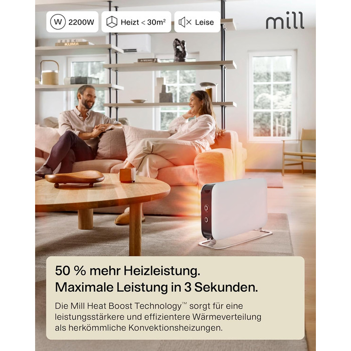 Електричний конвекторний обігрівач Mill 2000W з термостатом, 24-28 м², білий – MEC. Тиха електрична теплова гармата для дому.