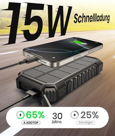 Портативний зарядний пристрій ADDTOP Solar Power Bank 26800mAh з сонячною панеллю, USB-C, 3.0A, 4 виходи для смартфонів та планшетів, ліхтар для кемпінгу та відпочинку на природі (Чорний)