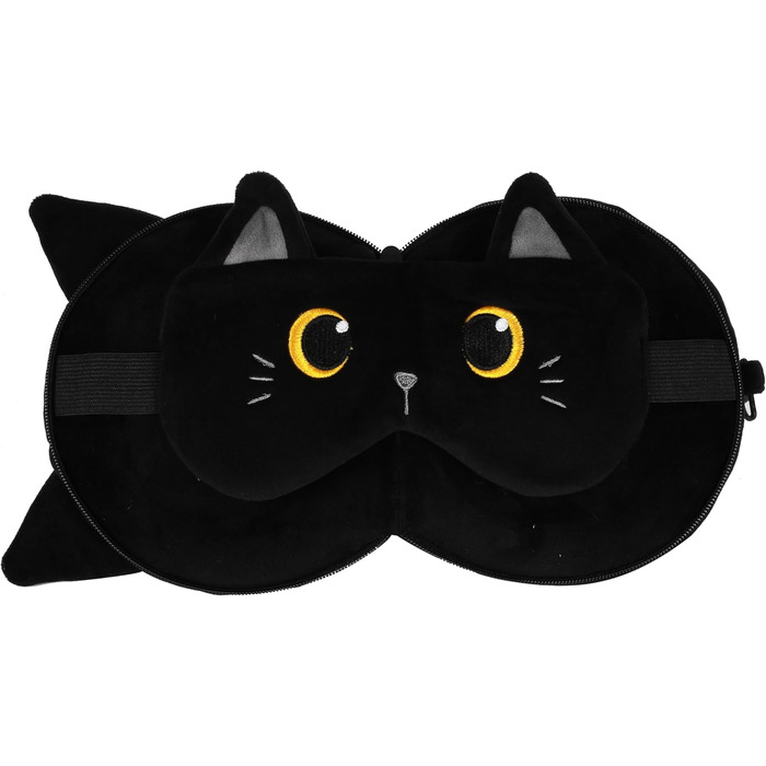 I-TOTAL® - Pillow with Sleep Mask, Locking Pillow with Hook for Travel (BLACK CAT)