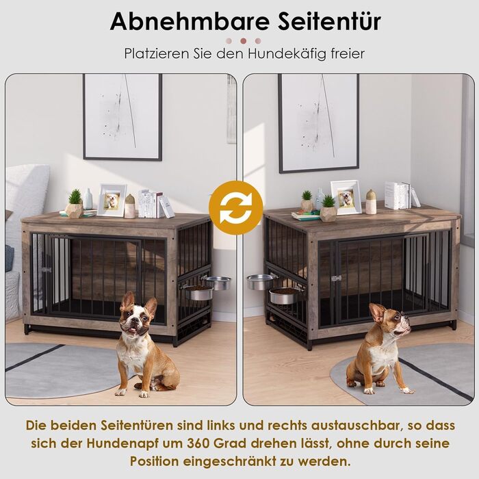 Дерев'яна собача будка/переноска для дому, 93x64x58 см, з піддоном та мисками, для собак середніх та маленьких порід (до 40 кг), білий/сірий колір