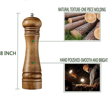 Salt and pepper mill set, wooden pepper mill, salt and pepper mill set, manual mills, solid with adjustable ceramic grinding mechanisms, 2 pieces, 8 inches (I 2 Vintage Colors)