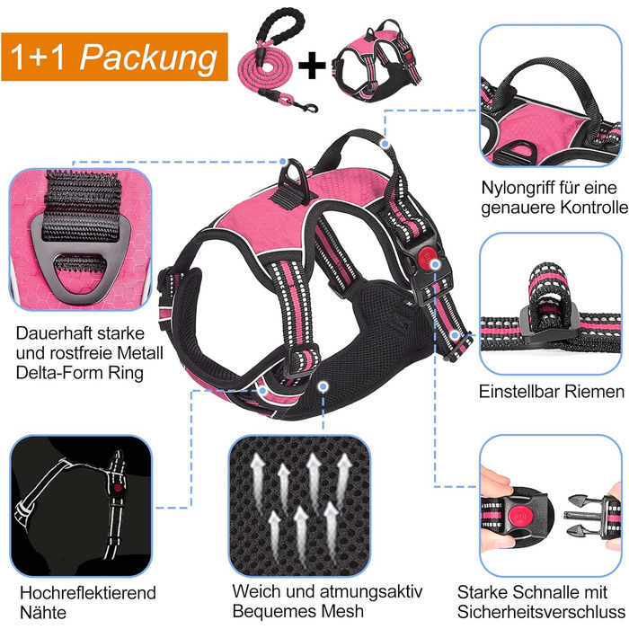 Нашийник для собак Haapaw без натягу, регульований, світловідбиваючий, Оксфорд, зручне керування, середній розмір, міцна собача лінія в подарунок (XL, рожевий)