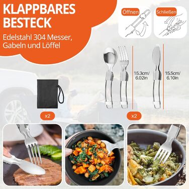 Набір посуду для кемпінгу Funykich, 19 предметів: каструлі, миски, столові прибори. Ідеально для 2 осіб, пікніків, походів. Алюміній, складаний.