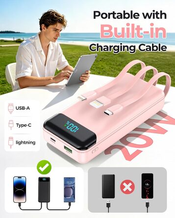 Power Bank Enerwow 27000mAh з USB-C кабелем, 4 порти, LED дисплей - Зовнішній акумулятор для iPhone та інших пристроїв (Рожевий, P300C)
