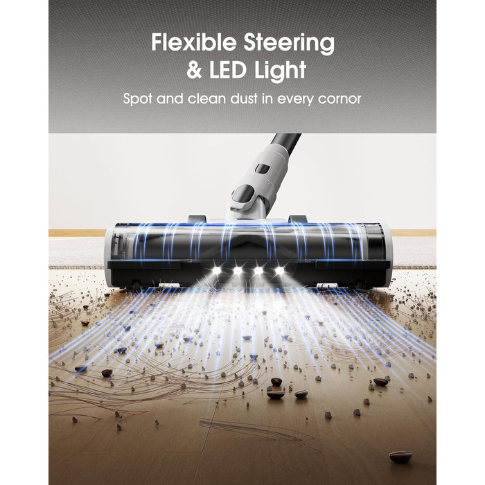 Бездротовий пилосос Klarpul 4800Pa з LED-дисплеєм та антизаплутувальною насадкою, 65 хвилин роботи, швидка зарядка 2 години, для твердих поверхонь та килимів, срібний