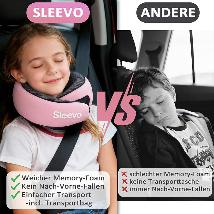 Подушка для шиї з Memory Foam - Подушка-вичерпачка для подорожей та літака - Ергономічна подушка для подорожей, захист від світла та пральна, з сумкою - Чорний (L) (Діти Рожевий)