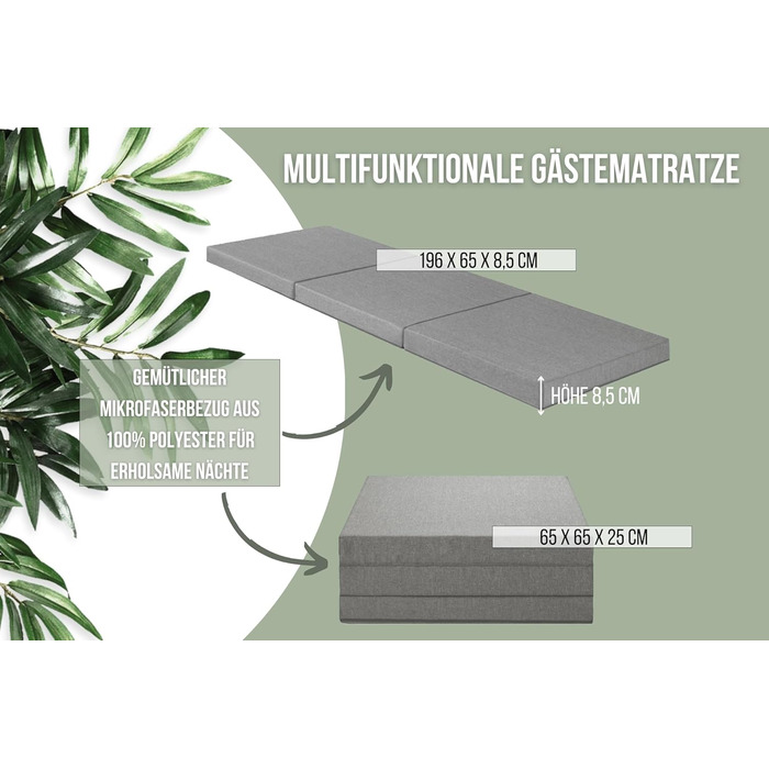 Складаний гостьовий матрац Badenia Trendline з міцним мікрофібровим чохлом, сертифікат Öko-Tex, 196x65x8,5 см, сірий, виготовлено за німецьким стандартом якості