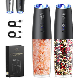 Електричний набір для солі та перцю Sangcon Gravity, 255г, USB-зарядка, LED-підсвітка, регулювання помелу, автоматичний млин (чорний)