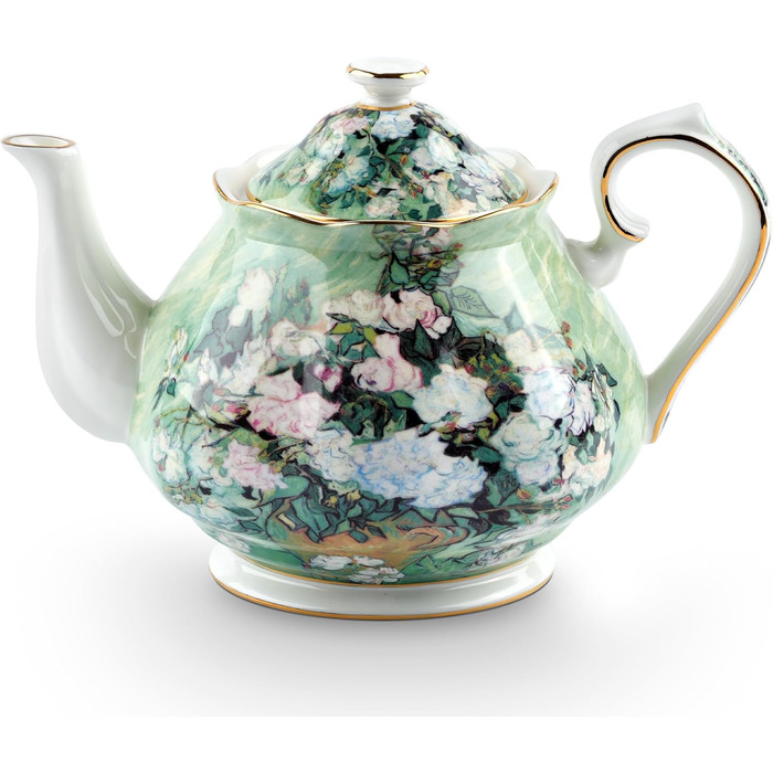 Порцелянова чайник з кістяної порцеляни 1 л Vintage Floral, біла троянда, для чаю та кави, подарунок для чайної вечірки