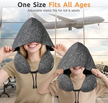 Подушка для шиї в літак з капюшоном, Memory Foam, регульована, для дорослих, авто, офіс (сіра)