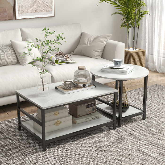 HOMCOM Set of 2 Side Tables/Coffee Tables/Accent Tables with Modern Design and Marble Look for Living Room, Bedroom, Steel