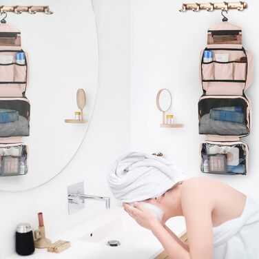 Сумка для косметики Maliton з підвішуванням, водонепроникна | Велика дорожня сумка для подорожей, ділових поїздок, спорту, плавання | Косметичка для жінок та чоловіків з 4 відділеннями, складна та компактна (Рожева)