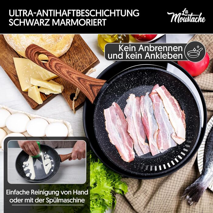La Moustache - 8-Piece Cookware Set, Non-Stick Aluminum, 3 Pots with 3 Tempered Glass Lids and 2 Frying Pans for All Cooktops, Including Induction (Onix)