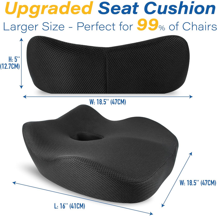 Подушка для сидіння в авто з Memory Foam для полегшення болю в попереку, велика, для водіїв невеликого зросту, комфортне водіння - для авто, офісу (чорна)