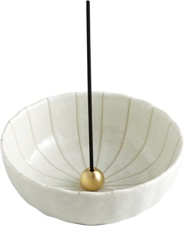 Asayu Japan Incense Holder - White Lotus - For 10cm Incense Sticks, Made in Japan, Traditional Ceramic Ash Catcher, Includes Detachable Brass Stand - For Yoga, Meditation, and Relaxation