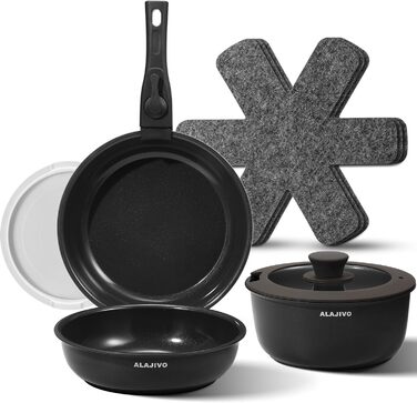 Набір каструль та сковорідок 9-ти частинний з антипригарним покриттям, кераміка, для всіх типів плит, сумісний з духовкою (темно-сірий)