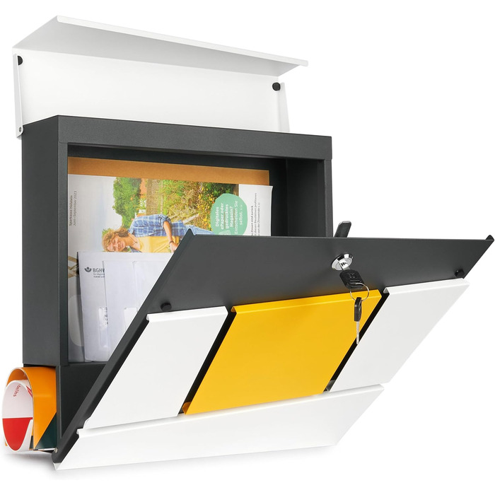 Поштовий ящик BRUBAKER Yellow Square з газетницею, жовтий - сучасний настінний поштовий ящик з алюмінію, 2 ключі, жовто-білий-антрацит